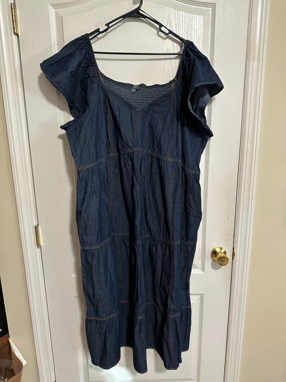 Denim Look Maxi Dress 3X Blue Smocked Pockets Casual Pre Loved